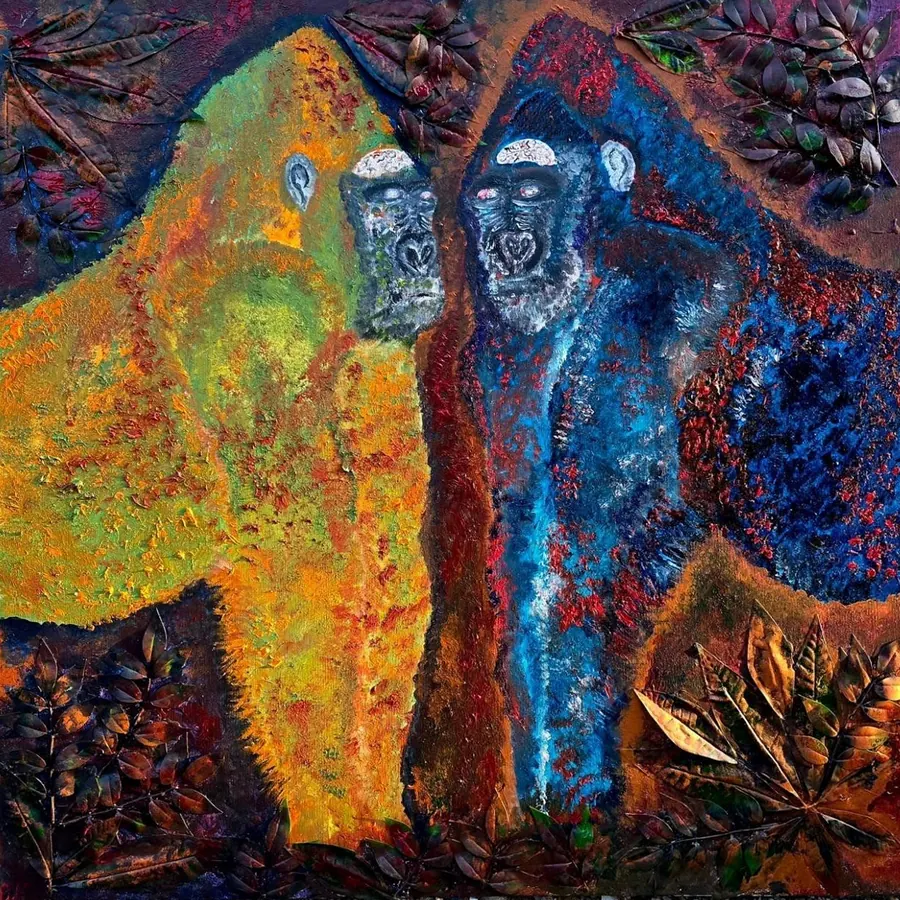 Due gorilla, uno giallo e uno blu, con il cervello a vista, tra foglie in rilievo