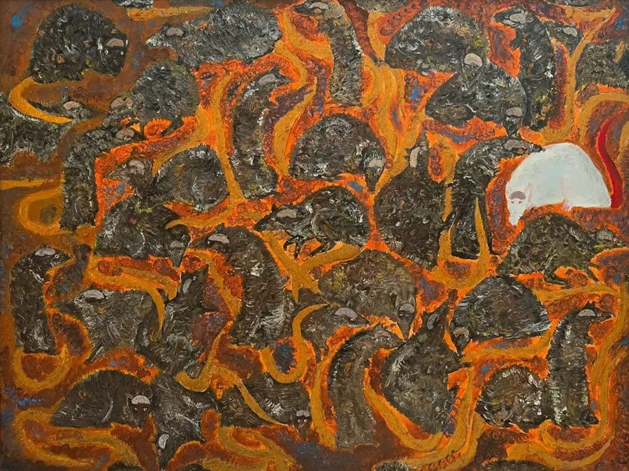 Ratti scuri con il cervello a vista tra vortici arancioni, e un ratto bianco