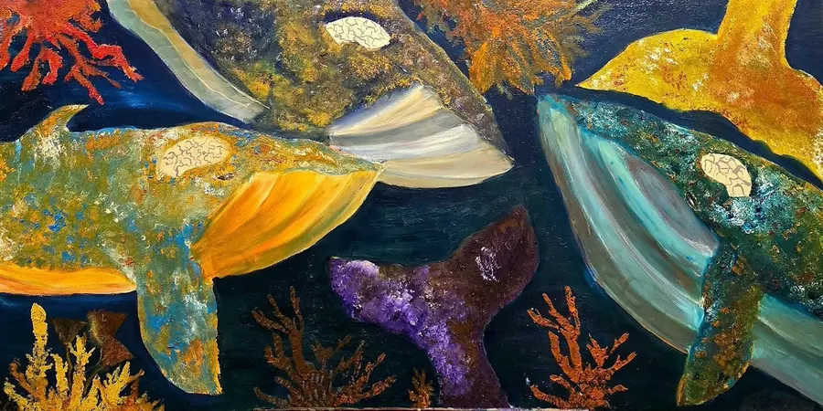 Balene gialle e azzurre con il cervello a vista e una coda viola, tra coralli su fondo blu notte